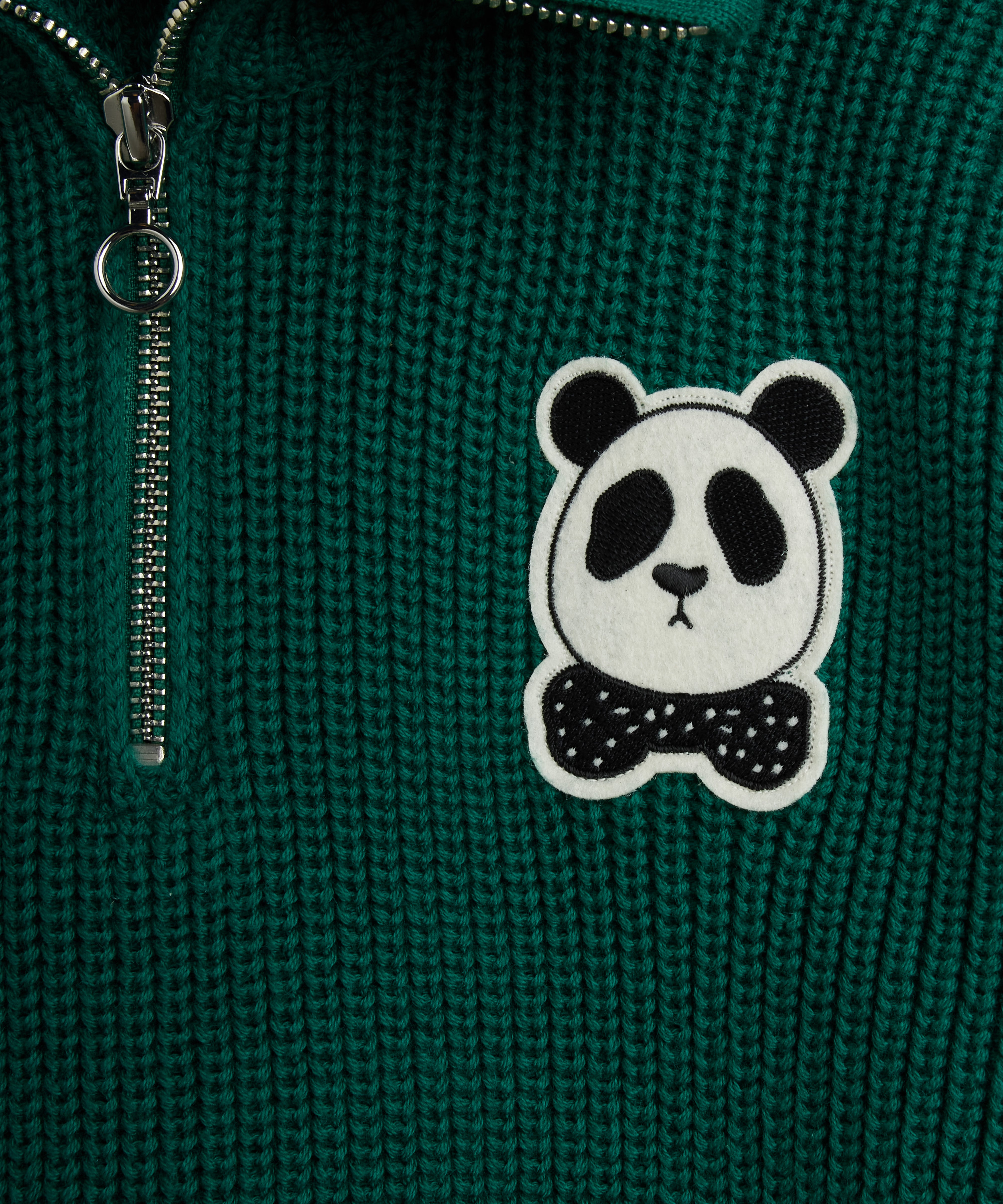 Panda patch chunky knit half zip sweater - Green