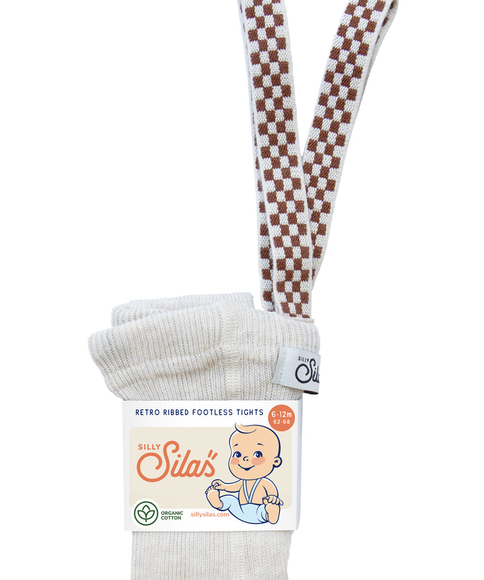 Organic Footless Cotton Tights with Braces  - Cream Blend Checked