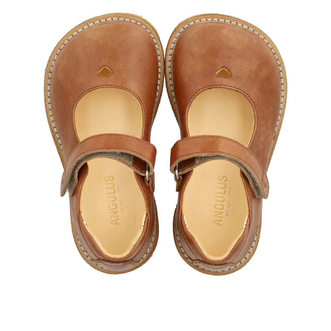 Mary Jane with heart and velcro closure - Tan - Leather