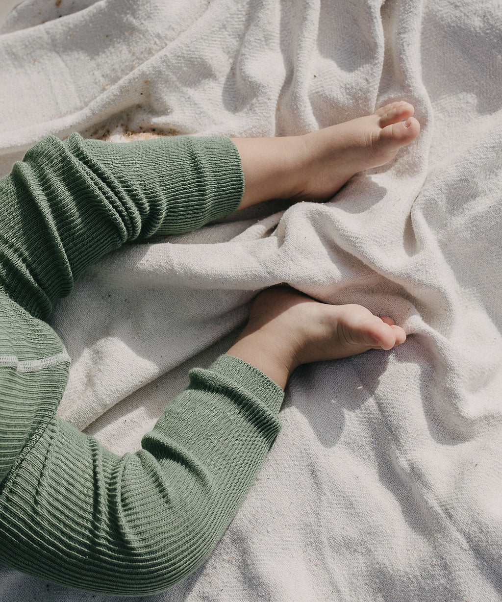 Organic Footed Cotton Tights with Braces  - Matcha x Peanut Striped