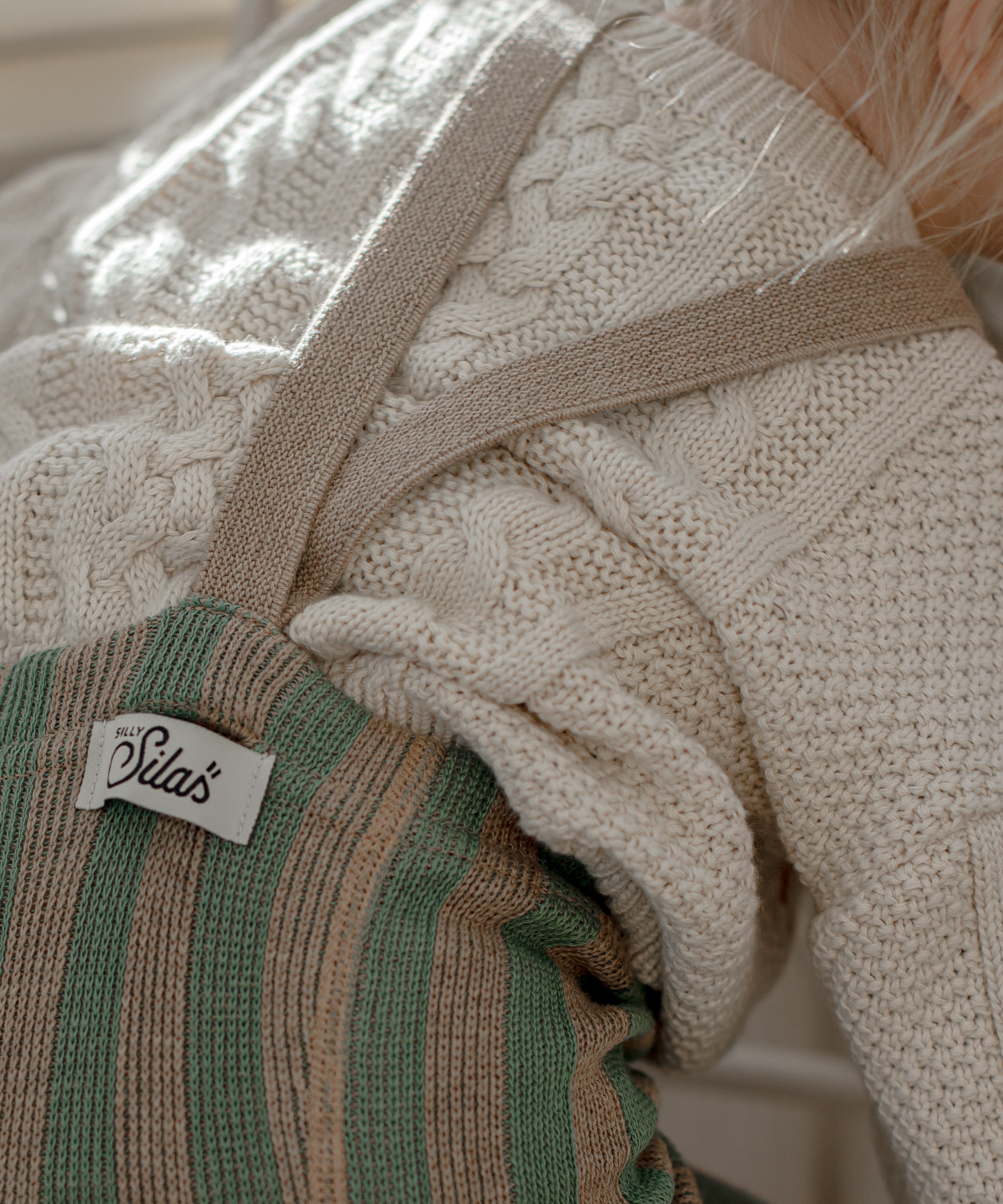Organic Footed Cotton Tights with Braces  - Matcha x Peanut Striped